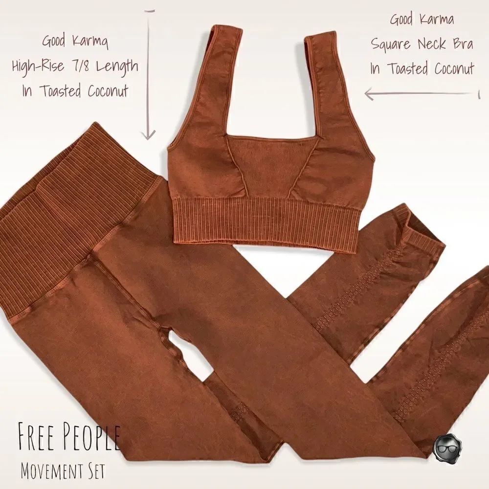 FP MOVEMENT GOOD KARMA SET: BRA + LEGGINGS TOASTED COCONUT WOMEN SIZE XS/S, M/L